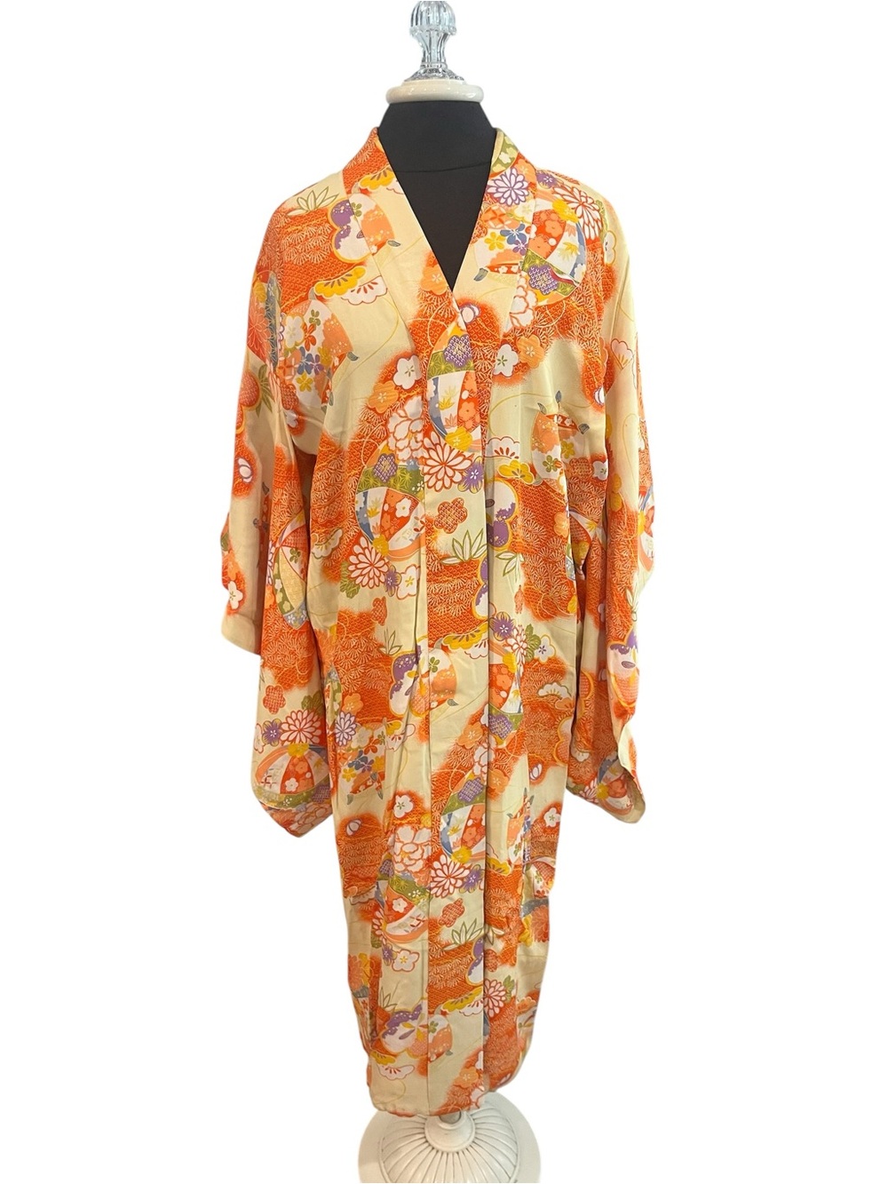 Vintage Handmade Japanese Kimono Kaftan Caftan Zip Lined Floral Orange XLarge - Picture 9 of 10